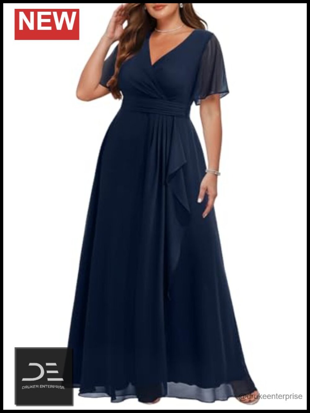 Plus Size Formal Chiffon V Neck Ruffle Long Dress Wedding Guest